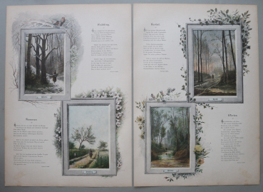 Kunst Druck Gedicht Vier Jahreszeiten von Heinrich Seidel 1885-1890 undeutlich signiert Frühling Sommer Herbst Winter Gedicht